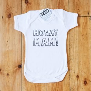 Howay Mam geordie baby vest. cotton baby vest with Howay Mam slogan in black. Available in sizes birth to 18 months
