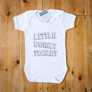 White cotton geordie baby vest with Little Worky Ticket on the front.