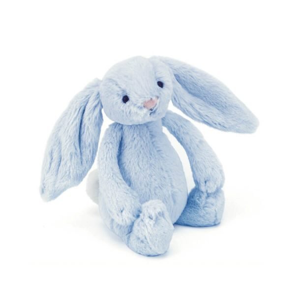 A gorgeous baby blue bunny with floppy ears, long arms and a squishable bobtail. Turn him upside down to hear him rattle.