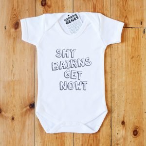 White cotton geordie baby vest with Shy Bairns get nowt on the front. The vest is available in sizes from birth to 18 months