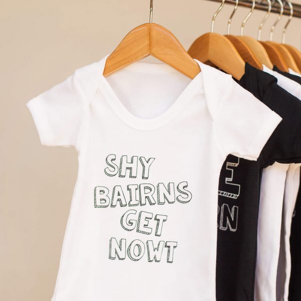 White cotton shy bairns get nowt baby vest.