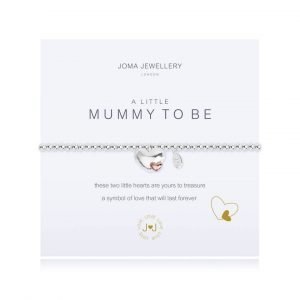 The A Little Mummy To Be Bracelet is a silver bracelet on a sentiment card in a cardboard pouch.