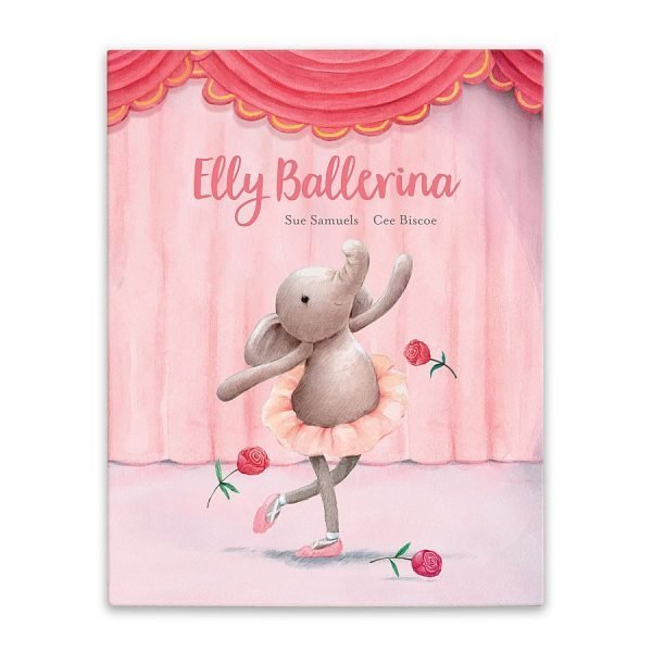 A fabulous Jellycat book called Elly Ballerina. A bright pink cover with an elephant wearing a tutu and curtseying on stage.