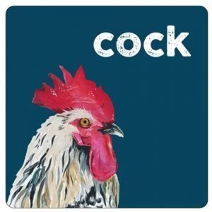 A cork backed coaster with an image of a cockerel and the word cock