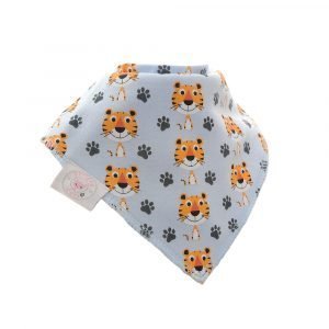 A blue cotton absorbent dribble bib with a fun safari character design, Terence Tiger. Part of the safari bib set