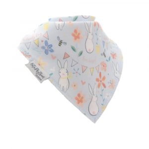 A cotton absorbent dribble bib with a pastel coloured bunny rabbiit design. Part of the pastel boutique bib set