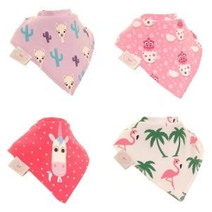 A set of 4 super absorbent cotton dribble bibs. Each has a different design, there's Linda Llama, Eunice Unicorn, Daisy Dinosaur and Florence Flamingo. The bibs are in pink colours and come in a box