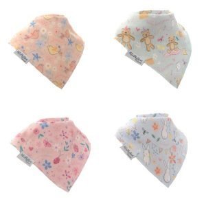 A set of 4 kids dribble bibs each with a different pastel coloured design featuring teddy bears, bunnies, ladybirds, butterflies and birds
