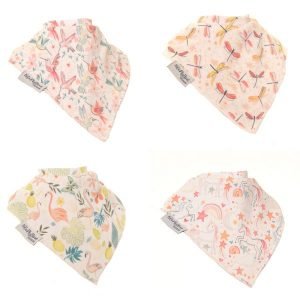 A set of 4 kids dribble bibs each with a different pastel coloured design featuring unicorns, dragonflies, hummingbirds and flamingos