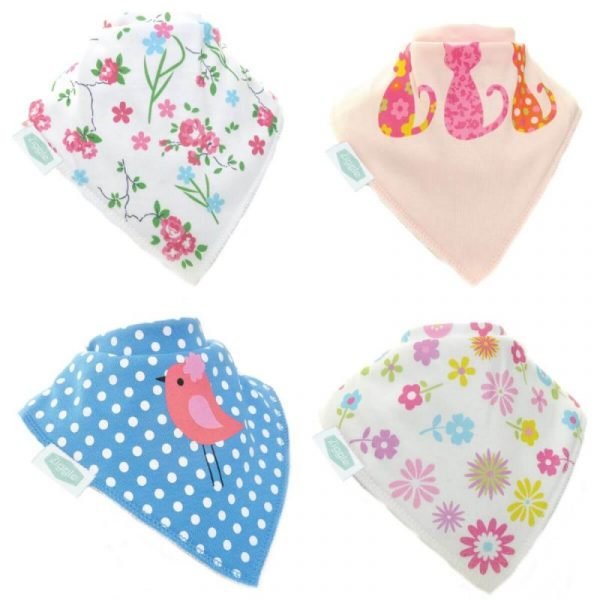 A set of four bright colourful soft cotton dribble bibs. Each bib has a different design. There's a pink bib with cats, a blue bib with white polka dots and a pink bird, and two white bibs with colourful flowery patterns