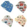 A boxed set of four dribble bibs for kids from birth up to 3 years. The bibs have a different design on each one there's space ships, buses, helicopters and cars