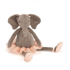 Dancing Darcey Elephant is a charcoal, silky smooth elephant with huge, floppy ears and a chunky trunk. She has extra long legs for dancing and wears a peachy tutu and matching ballerina slippers.