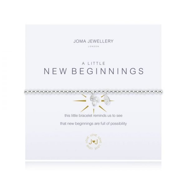 A Joma bracelet from the A Little range. An elasticated silver plated bracelet with a cubic zirconia gem. The bracelet is presented on a card with the sentiment This little bracelet reminds us to see that new beginnings are full of possibility