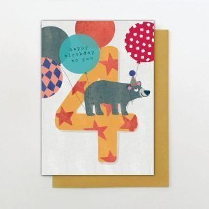Yellow Star Bear 4th Birthday Card