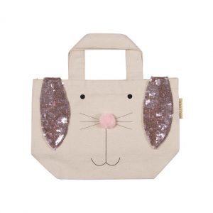 A natural canvas bag with a bunny rabbit face. A pink pom pom nose and silver sequined flopsy ears