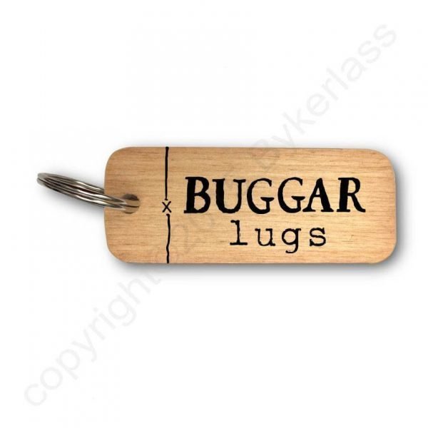 A fun chunky Buggar Lugs Wooden Keyring from Wotmalike. With a silver ring and words printed in black print.