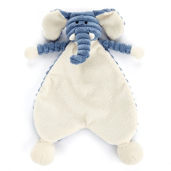 A gorgeous cord elephant soother, perfect for newborns. A silky smooth white tummy acts as a soother blanket, and is surrounded by lovely blue textured cord material to make up the elephant's head and arms.