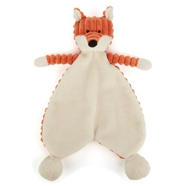 A gorgeous cord fox soother, perfect for newborns. A silky smooth white tummy acts as a soother blanket, and is surrounded by lovely orange textured cord material to make up a foxes head and arms.