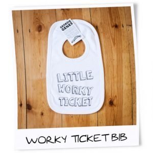 a white cotton bib printed with little worky ticket. a great geordie gift for a new baby or for a baby shower