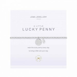 A silver plated elasticated bracelet from Joma with a silver hanging penny charm on a white sentimental comment card
