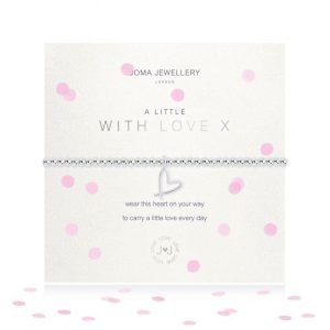 A silver plated elasticated bracelet from Joma with a silver heart outline hanging charm on a white sentimental comment card