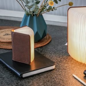 A leather smart boolight with magnetic opening and closing.