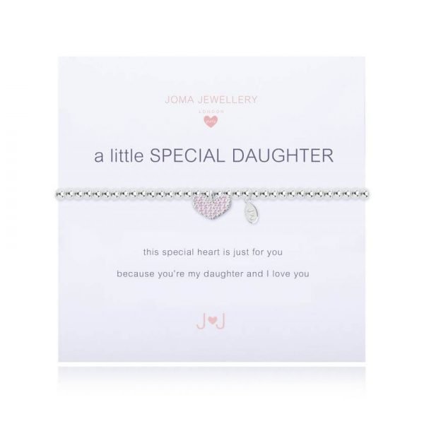 A sterling silver jewellery with diamante silver heart hanging charm and a meaningful message on a white card behind the bracelet