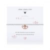 A sterling silver bracelet with two joined rose gold hanging hearts on a white card with meaningful comment written on the card