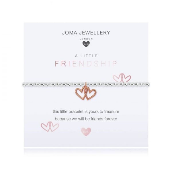 A sterling silver bracelet with two joined rose gold hanging hearts on a white card with meaningful comment written on the card