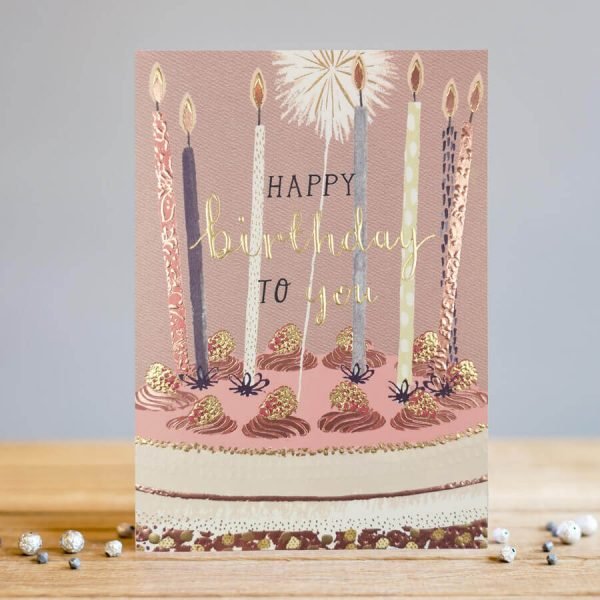 Luxury gold foiled birthday card with a birthday cake and candles