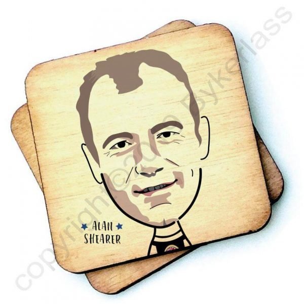 A 10cm square rustic wooden coaster with a characterchure of Newcastle United's favourite footballer Alan Shearer