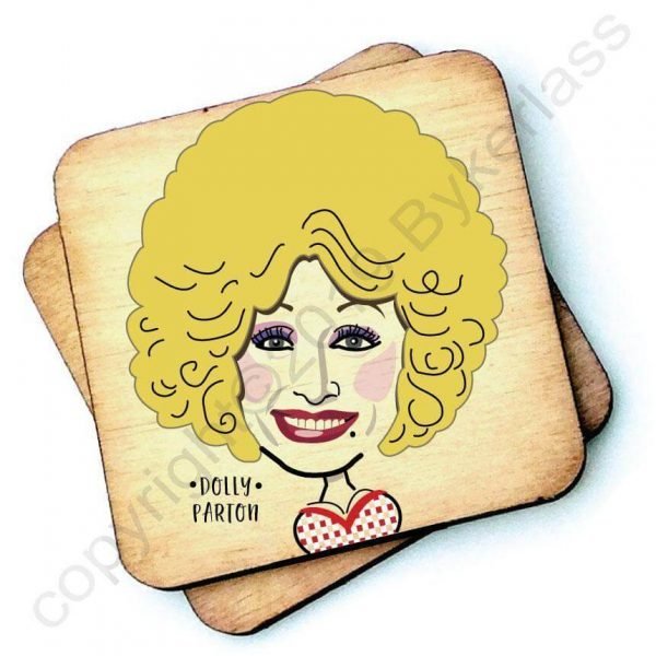 Wooden coaster with a characterchure of Dolly Parton