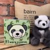 A green book with a black and white panda on the front, green leaves and a soft panda toy
