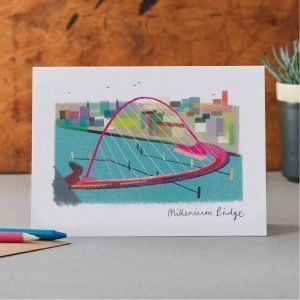 Blank greetings card with brightly coloured drawing of the Newcastle Gateshead Millenium bridge