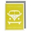 A cream card with lime green background and an image of a campervan embossed and printed in a cream colour. You're a classic is printed in cream and embossed. Happy Birthday is also embossed and printed at the bottom of the card.