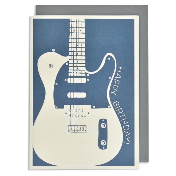 A cream card with blue background and an image of a guitar embossed and printed in cream and with the words Happy Birthday printed down the side of the guitar.