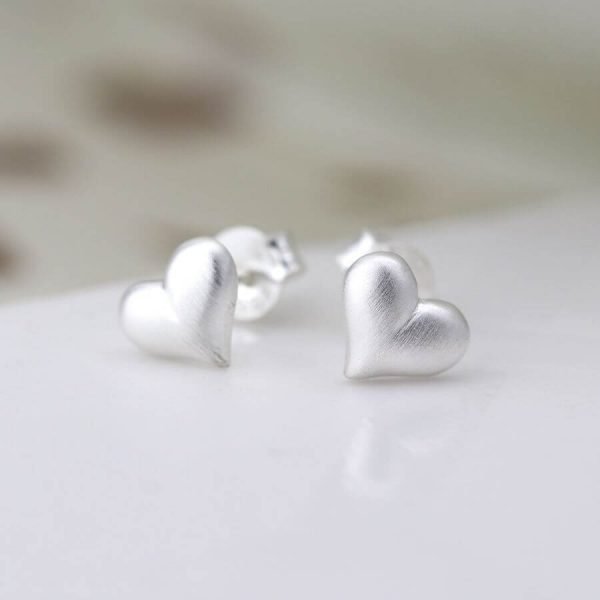 Sterling Silver Brushed Heart Stud Earrings