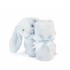 A baby blue bunny and soother. The blue cuddly toy bunny hugs a gorgeous, silky smooth blanket which acts as a soother for the baby.