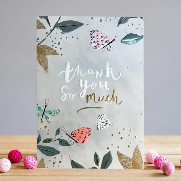 A beautiful thank you card with flowers and butterflies in soft tones