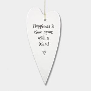 A cream porcelain heart with a sentiment stamped into it. A lovely little decoration to give as a gift. The words stamped into the heart are Happiness is time spent with a friend