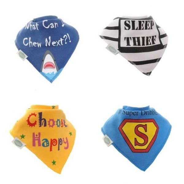 a set of 4 boxed dribble bibs each with a funny caption. What can I chew next? with a shark, black and white striped Sleep Thief, Superman logo and a bright yellow bib with choose happy.