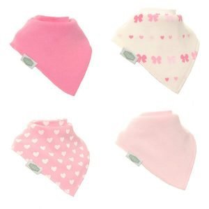 A set of 4 cotton absorbant baby dribble bibs in pinks and whites with hearts and bows patterns. Each bib is different and they come in a gift box