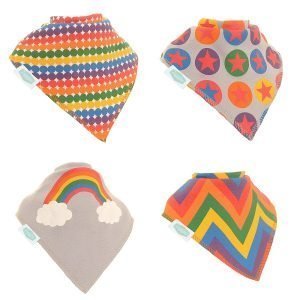 A set of four rainbow patterned dribble bibs. Each bib has a different pattern in bright rainbow colours