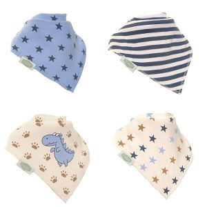 A set of 4 soft cotton absorbent bibs to keep a baby's clothes dry and dribble free. Each bib has a different design in blues and creams, stars, dinosaurs and stripes. A great gift for a new born baby, the bibs have an adjustable fastening so they are suitable from birth to 3 years