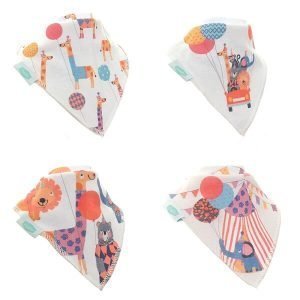 A set of 4 cotton dribble bibs in fun circus patterns