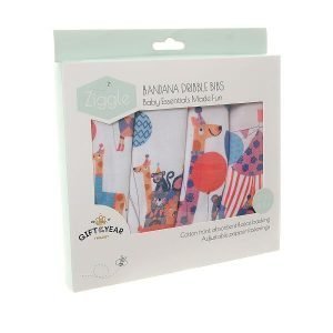 Boxed set of 4 bibs with fun circus patterns. A perfect new baby gift