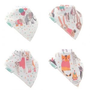 Four super soft cotton dribble bibs with cute patterns featuring cats, llamas, elephants and rabbits