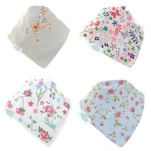 Set of 4 baby bibs in blues and flowers. Each bib has a different pattern. They are a lovely gift for a new born baby girl