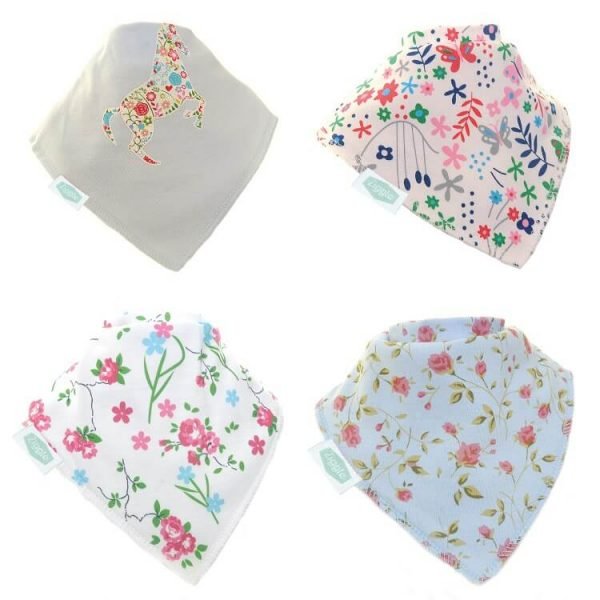 Set of 4 baby bibs in blues and flowers. Each bib has a different pattern. They are a lovely gift for a new born baby girl