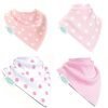 Set of 4 pink and white spotty dribble bibs for babys. Each bib is a different pattern